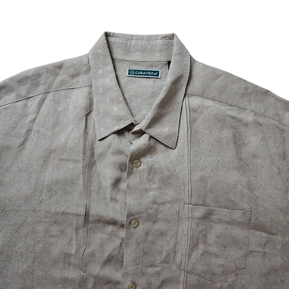 Cubavera Linen Rayon Camp Shirt Mens 2XL Beige Embroidered Panel Short Sleeve